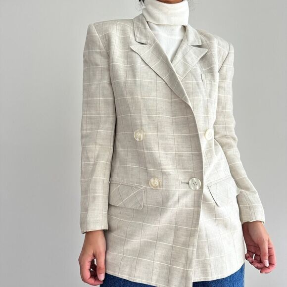 Vintage Linen Blend Jacket Women 6 Plaid Neutral Minimalist Old Money Equestrian - Picture 1 of 12
